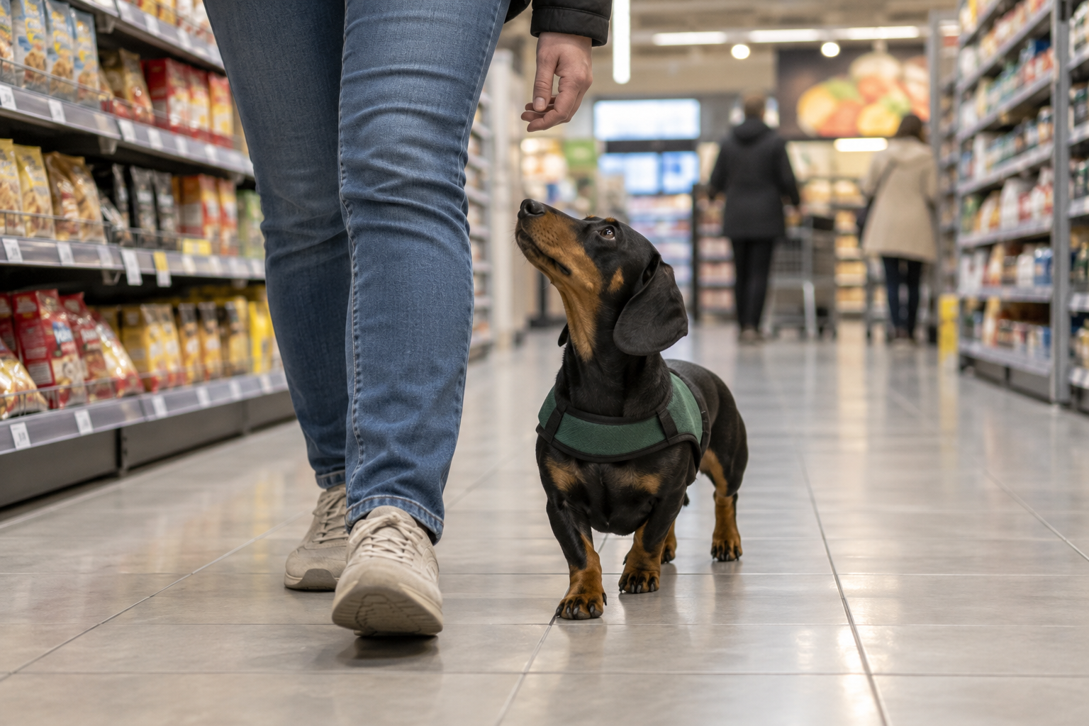 Asistenční pes doprovází člověka mezi regály v supermarketu